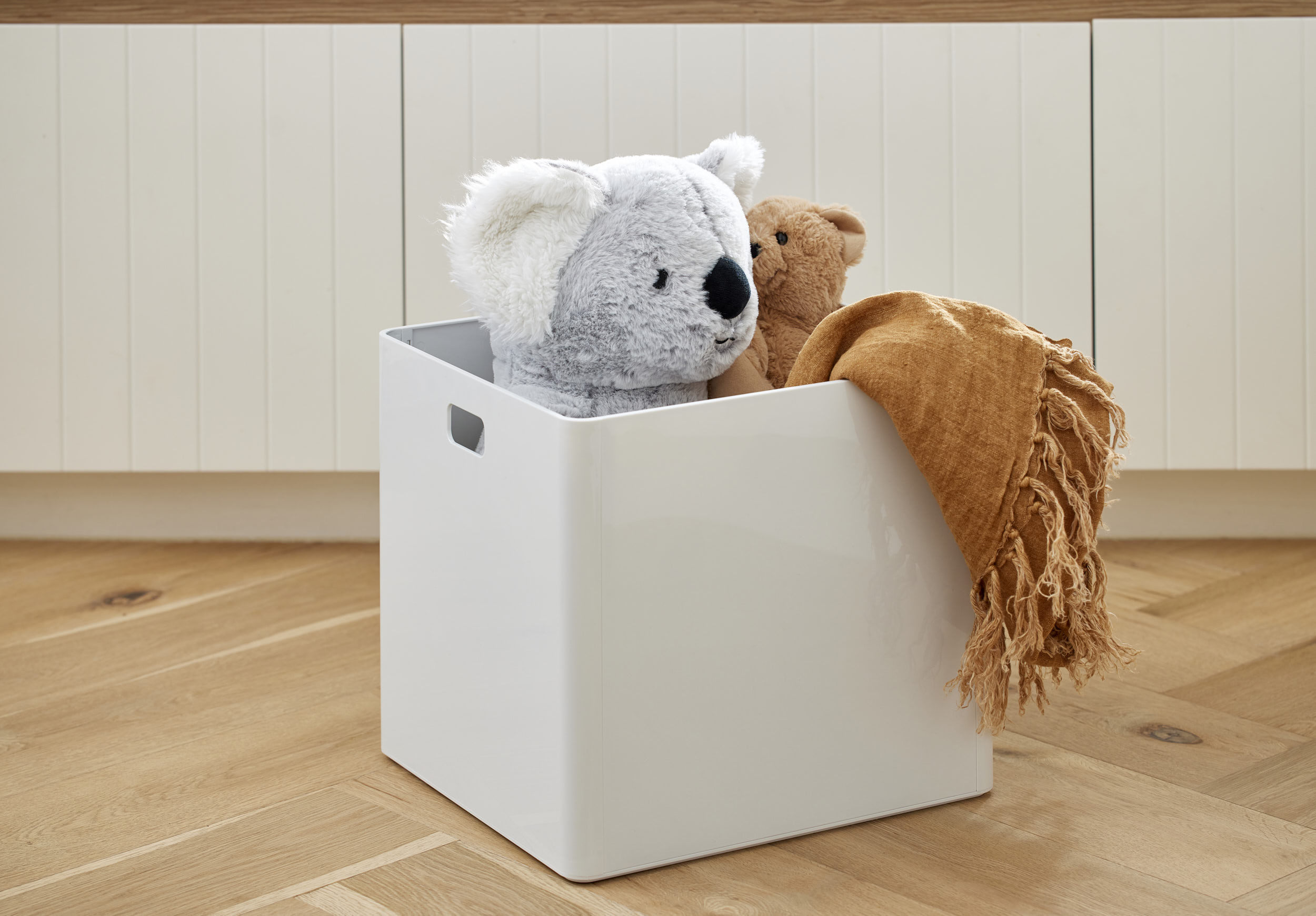 When getting the playroom in order, we recommend using a 27L stackable cube for storing larger toys. On top of the large cube, stack a mix of other sizes for smaller items, such as books, figurines and Lego.