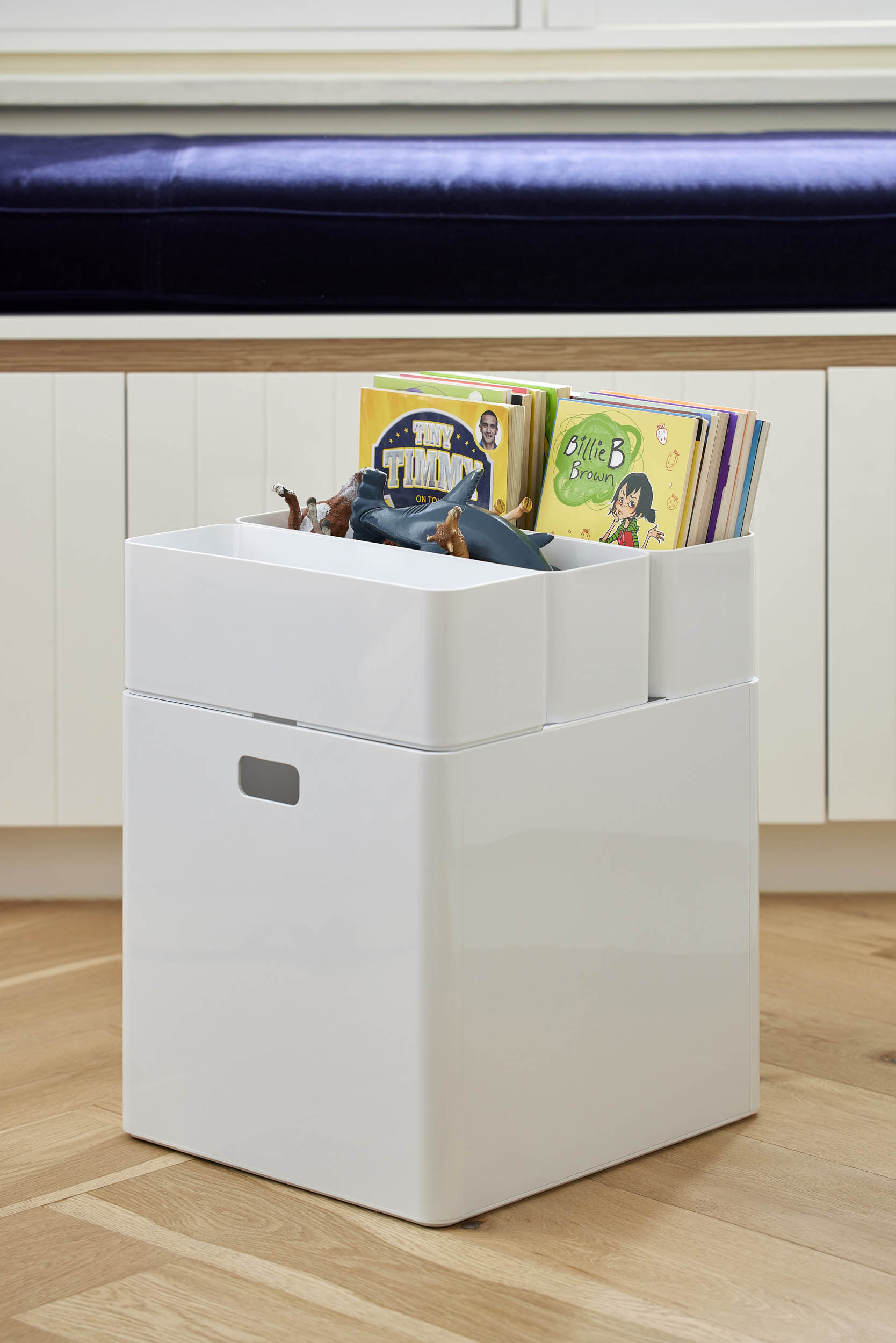 When getting the playroom in order, we recommend using a 27L stackable cube for storing larger toys. On top of the large cube, stack a mix of other sizes for smaller items, such as books, figurines and Lego.